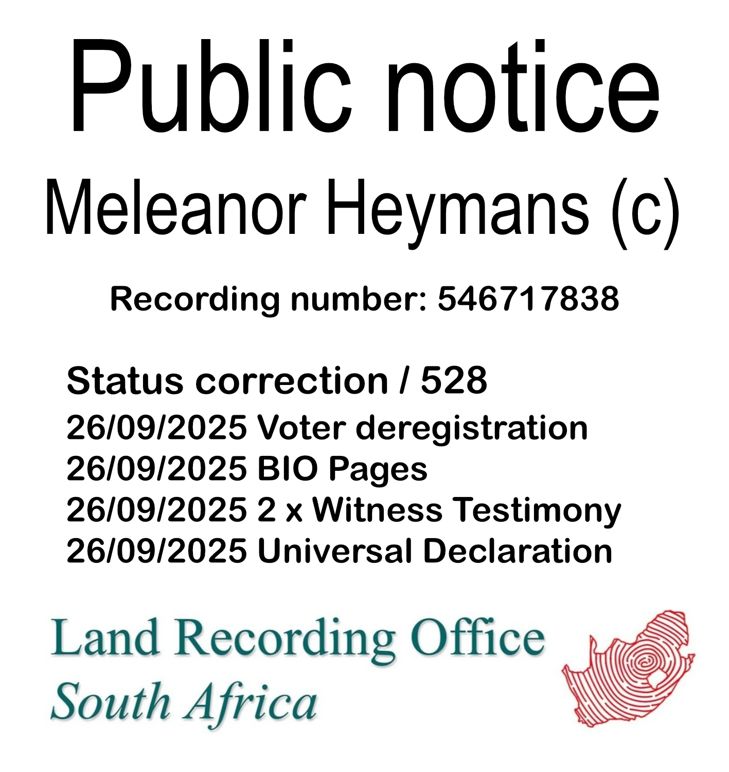 Public notice Meleanor Heymans Recording number 546717838